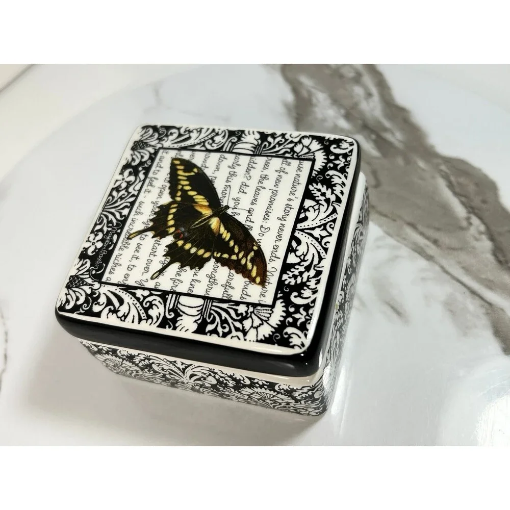 Swallowtail Butterfly ceramic Trinket Jewelry Box Black and White Demdaco
